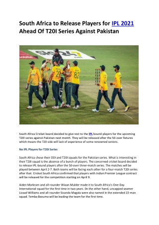 South Africa to Release Players for IPL 2021 Ahead Of T20I Series Against Pakistan