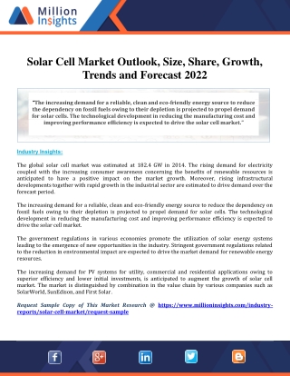 Solar Cell Market Outlook, Size, Share, Growth, Trends and Forecast 2022