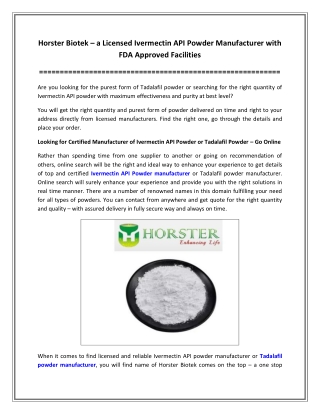 Horster Biotek – a Licensed Ivermectin API Powder Manufacturer with FDA Approved Facilities