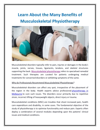 Learn About the Many Benefits of Musculoskeletal Physiotherapy