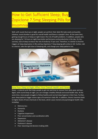 How to Get Sufficient Sleep; Buy Zopiclone 7.5mg Sleeping Pills for Insomnia