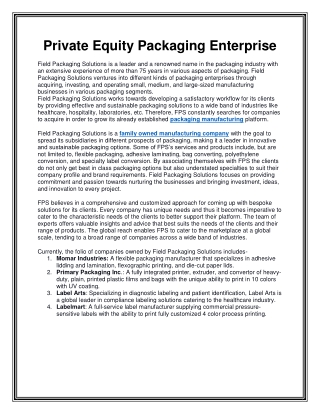 Private Equity Packaging Enterprise