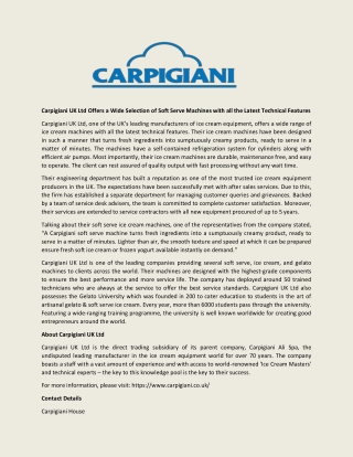 Carpigiani UK Ltd Offers a Wide Selection of Soft Serve Machines with all the Latest Technical Features