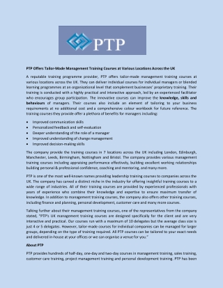 PTP Offers Tailor-Made Management Training Courses at Various Locations Across the UK