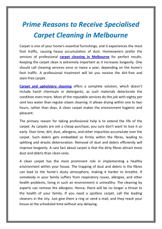 Prime Reasons to Receive Specialised Carpet Cleaning in Melbourne