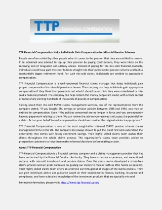 TTP Financial Compensation Helps Individuals Gain Compensation for Mis-sold Pension Schemes