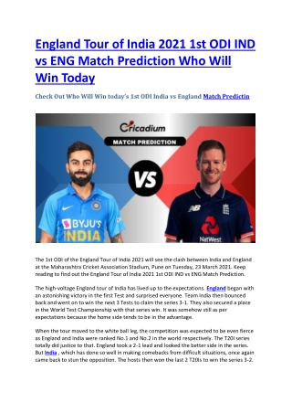 England Tour of India 2021 1st ODI IND vs ENG Match Prediction Who Will Win Today