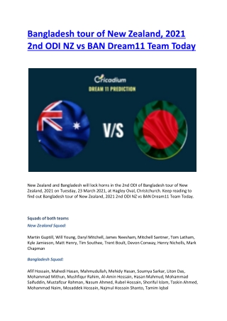Bangladesh tour of New Zealand, 2021 2nd ODI NZ vs BAN Dream11 Team Today