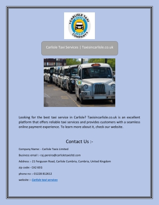 Carlisle Taxi Phone Number | Taxisincarlisle.co.uk