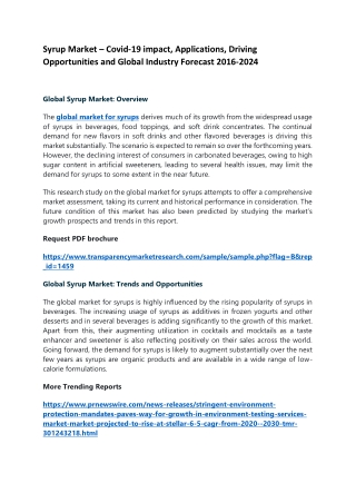 Syrup Market – Covid-19 impact, Applications, Driving Opportunities and Global Industry Forecast 2016-2024