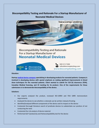 Biocompatibility Testing and Rationale For a Startup Manufacturer of Neonatal Medical Devices
