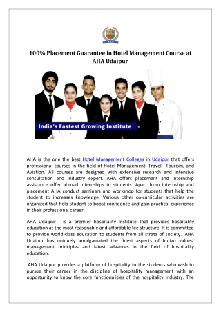 100% Placement Guarantee in Hotel Management Course at AHA Udaipur