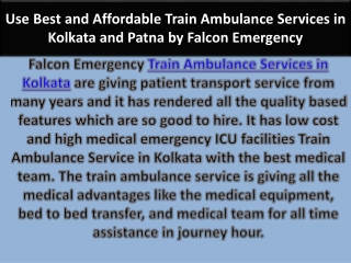 Use Best and Affordable Train Ambulance Services in Kolkata and Patna by Falcon Emergency