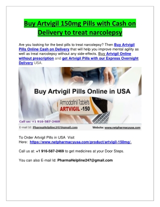 Buy Artvigil 150mg Pills with Cash on Delivery to treat narcolepsy