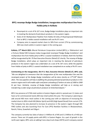 BPCL revamps Budge Budge Installation; inaugurates multiproduct line from Haldia jetty in Kolkata