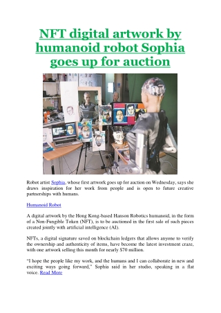 NFT digital artwork by humanoid robot Sophia goes up for auction