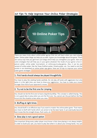 10 Tips to help Improve Your Online Poker  Strategies