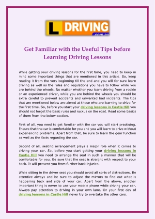 Get Familiar with the Useful Tips before Learning Driving Lessons