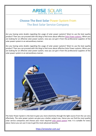 Choose The Best Solar Power System From The Best Solar Service Company