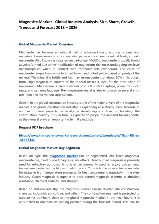 Magnesite Market - Global Industry Analysis, Size, Share, Growth, Trends and Forecast 2018 – 2026