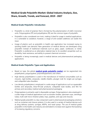 Medical Grade Polyolefin Market: Global Industry Analysis, Size, Share, Growth, Trends, and Forecast, 2019 - 2027