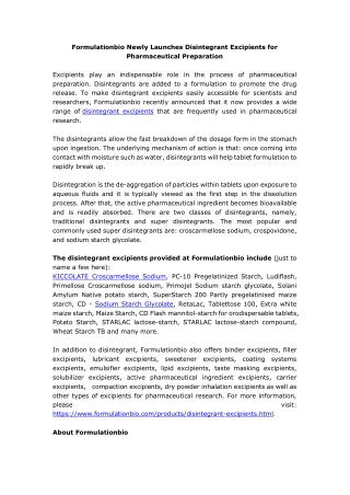 Formulationbio Newly Launches Disintegrant Excipients for Pharmaceutical Preparation