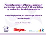 Potential predictors of teenage pregnancy and teenage motherhood: A 15-year follow up study using data linkage methods