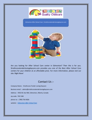 Edmonton After School Care | Strathconatenderlovingdaycare.com