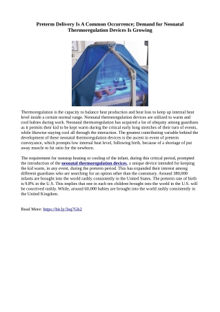 Preterm Delivery Is A Common Occurrence; Demand for Neonatal Thermoregulation Devices Is Growing
