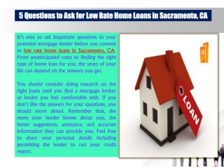 5 Questions to Ask for Low Rate Home Loans in Sacramento, CA