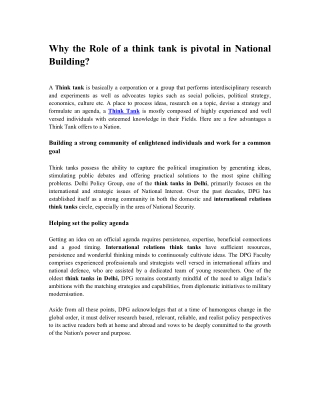 Why the Role of a think tank is pivotal in National Building?