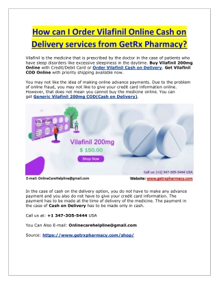 How can I order Vilafinil Online Cash on Delivery services from GetRx Pharmacy?