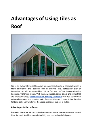 Advantages of Using Tiles as Roof