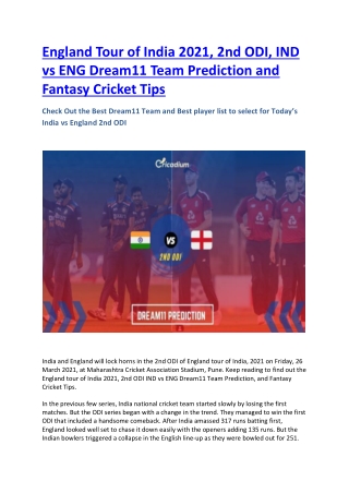 England Tour of India 2021, 2nd ODI, IND vs ENG Dream11 Team Prediction and Fantasy Cricket Tips