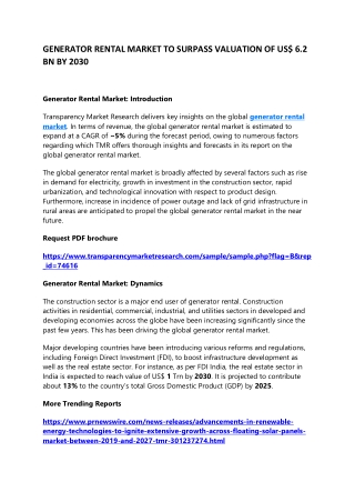 GENERATOR RENTAL MARKET TO SURPASS VALUATION OF US$ 6.2 BN BY 2030