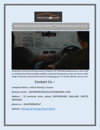 Manual Car Driving School Oxford | Oxforddriving2success.co.uk