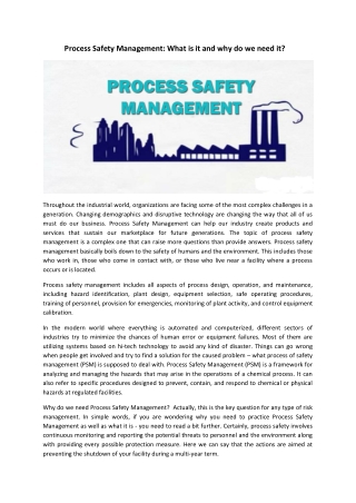 Process Safety Management: What is it and why do we need it?