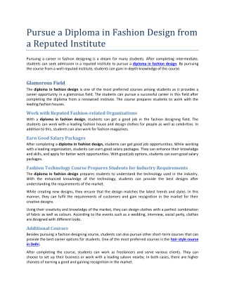 Pursue a Diploma in Fashion Design from a Reputed Institute