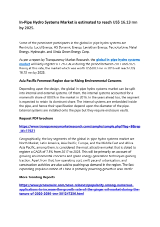 In-Pipe Hydro Systems Market is estimated to reach US$ 16.13 mn by 2025.