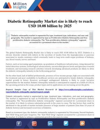 Diabetic Retinopathy Market size is likely to reach USD 10.08 billion by 2025