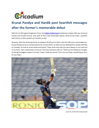 Latest Cricket News: Krunal Pandya and Hardik post heartfelt messages after the former's memorable debut