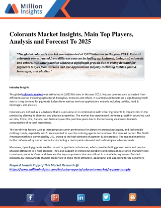 Colorants Market Insights, Main Top Players, Analysis and Forecast To 2025