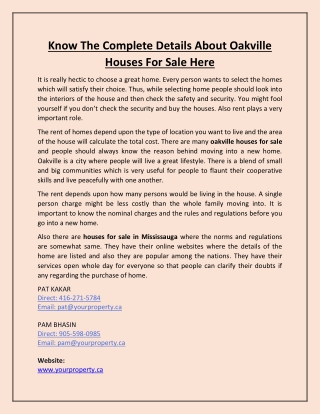 Know The Complete Details About Oakville Houses For Sale Here