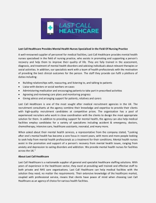 Last Call Healthcare Provides Mental Health Nurses Specialised in the Field Of Nursing Practice