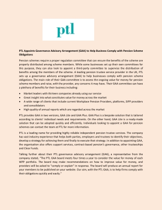 PTL Appoints Governance Advisory Arrangement (GAA) to Help Business Comply with Pension Scheme Obligations