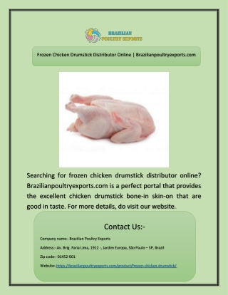 Frozen Chicken Drumstick Distributor Online | Brazilianpoultryexports.com