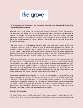 The Grove Practice Offers Anxiety and Depression Counselling Services to Help People Find Peace and Emotional Stability