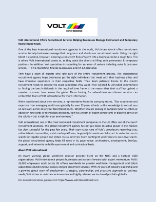 Volt International Offers Recruitment Services Helping Businesses Manage Permanent and Temporary Recruitment Needs