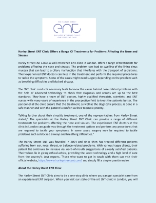 Harley Street ENT Clinic Offers a Range Of Treatments for Problems Affecting the Nose and Sinuses