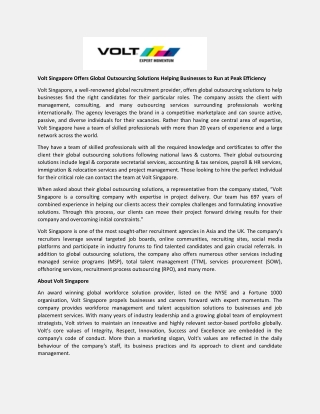 Volt Singapore Offers Global Outsourcing Solutions Helping Businesses to Run at Peak Efficiency lobal Outsourcing Soluti